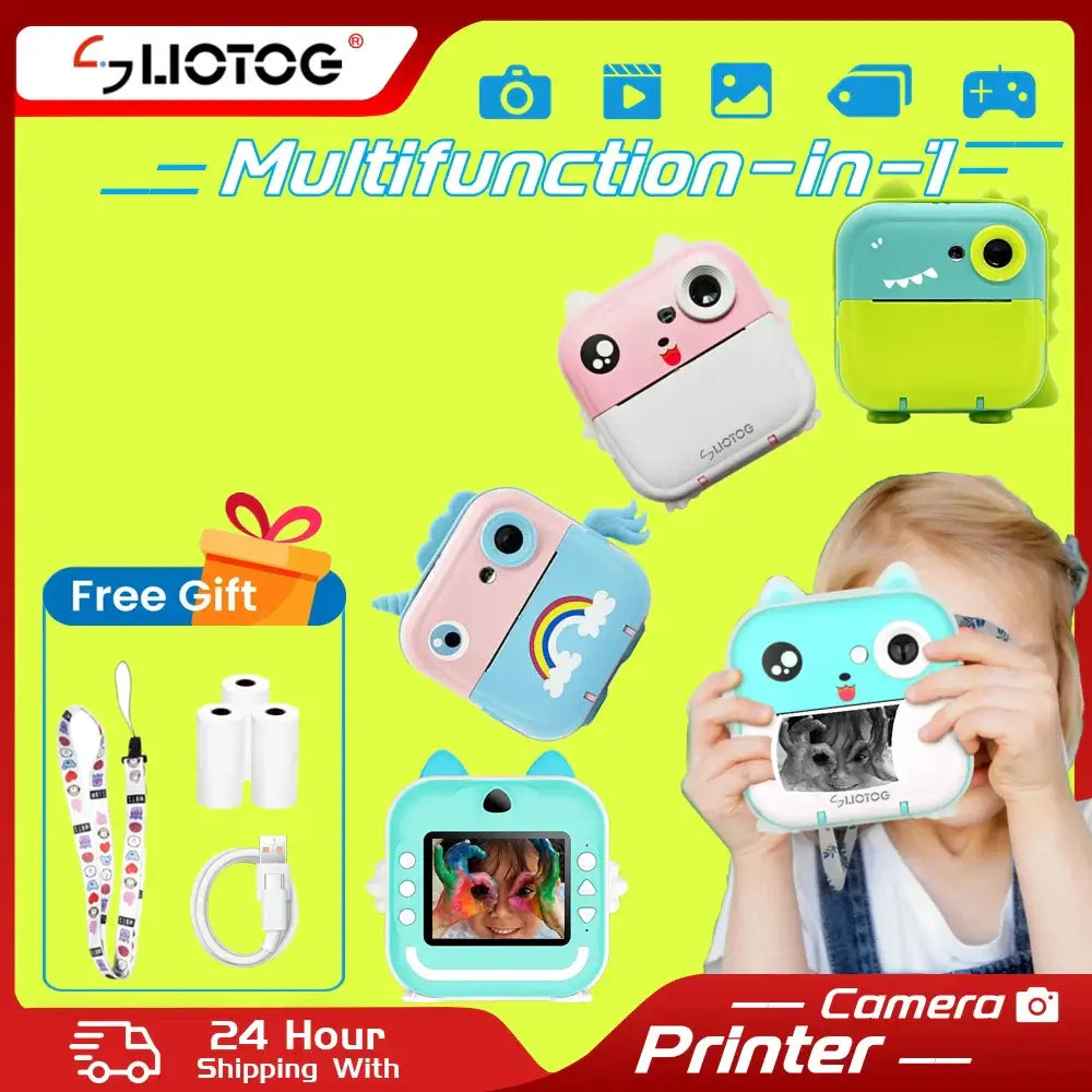 Multifunctional kids digital camera with thermal print, colorful designs, 2.4-inch screen, and free gift accessories included.