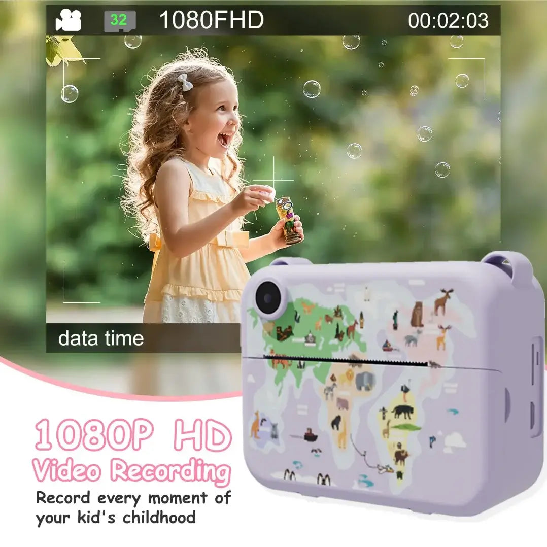 Digital children's camera with 1080P HD video recording, capturing childhood memories with fun designs.