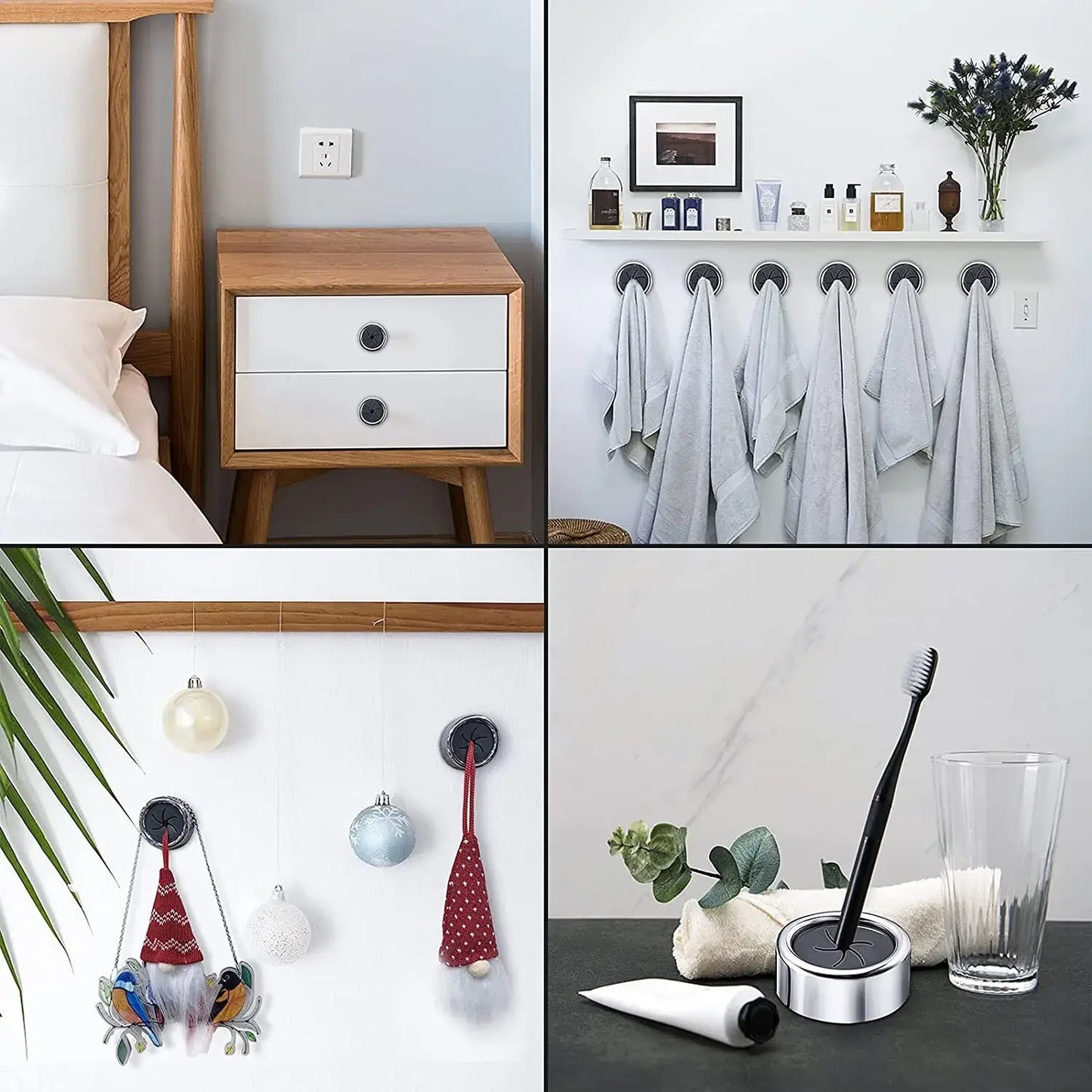 "Modern home organization with wall hooks, showcasing towels, ornaments, and bathroom accessories for a tidy and stylish space."