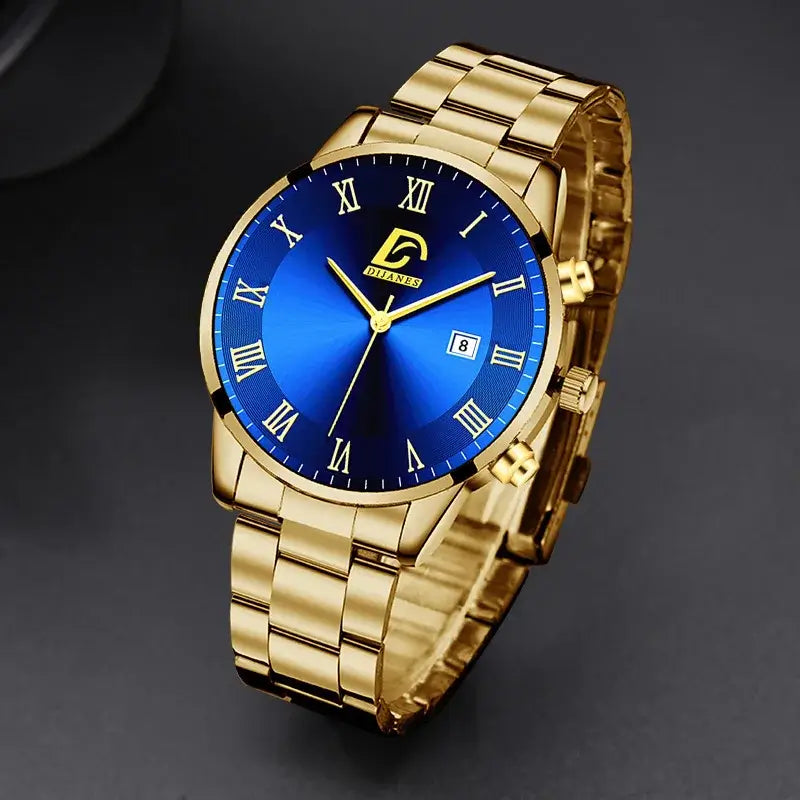 Luxury gold stainless steel quartz watch with blue dial and Roman numerals, featuring a complete calendar display.