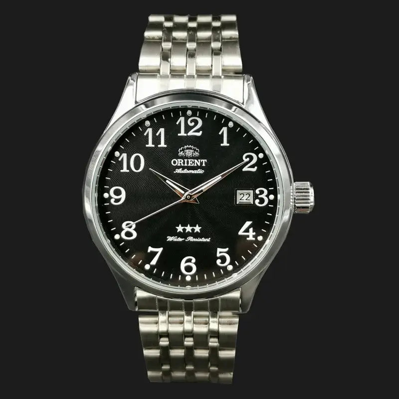 Orient automatic mechanical watch with black dial and silver stainless steel bracelet, luxury multi-function design.