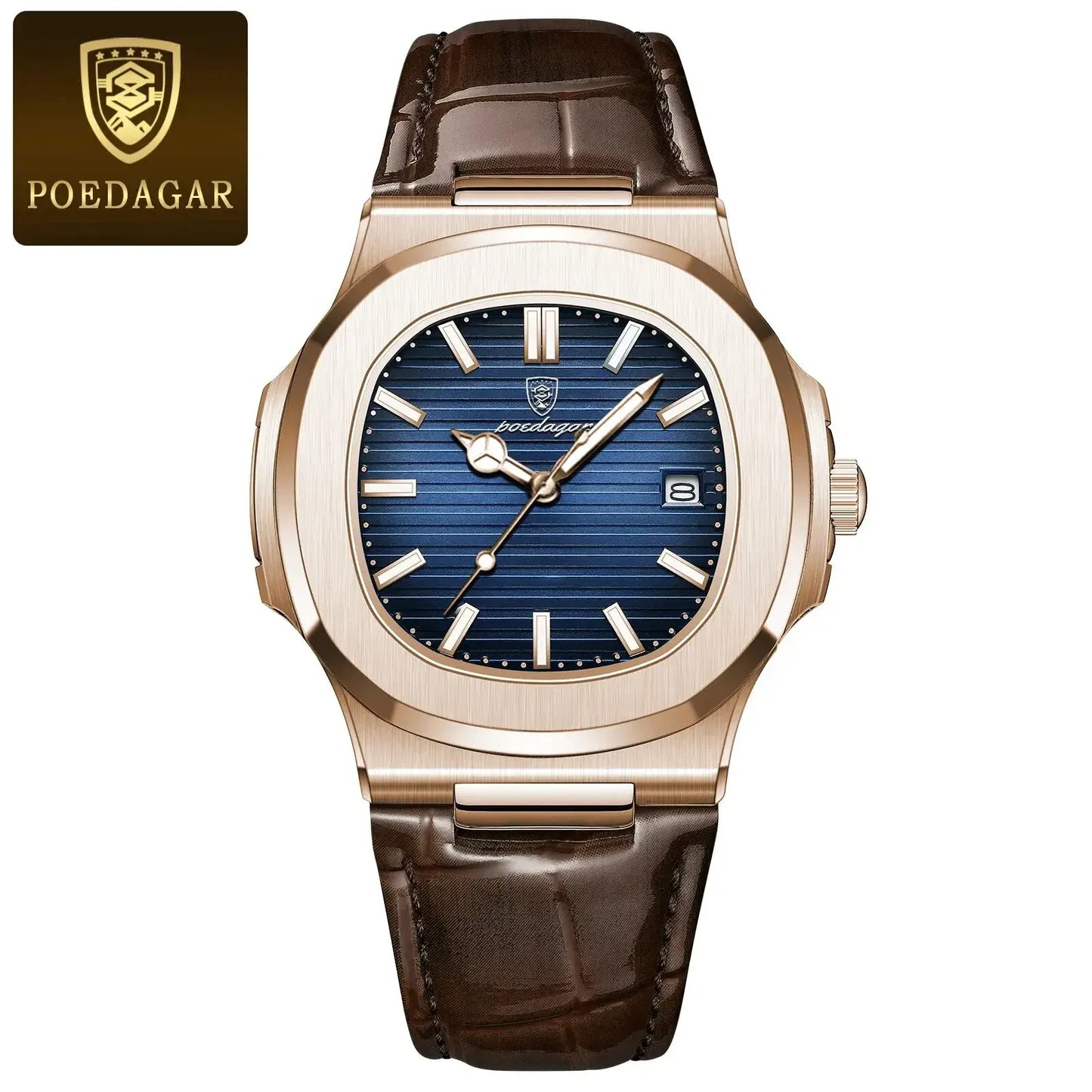 POEDAGAR luxury square men's watch with blue dial, leather strap, waterproof features, and luminous hands.