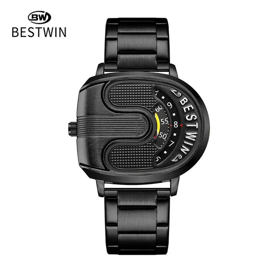 Luxury men's watches with stainless steel band from Bestwin featuring a unique black design and distinctive dial.
