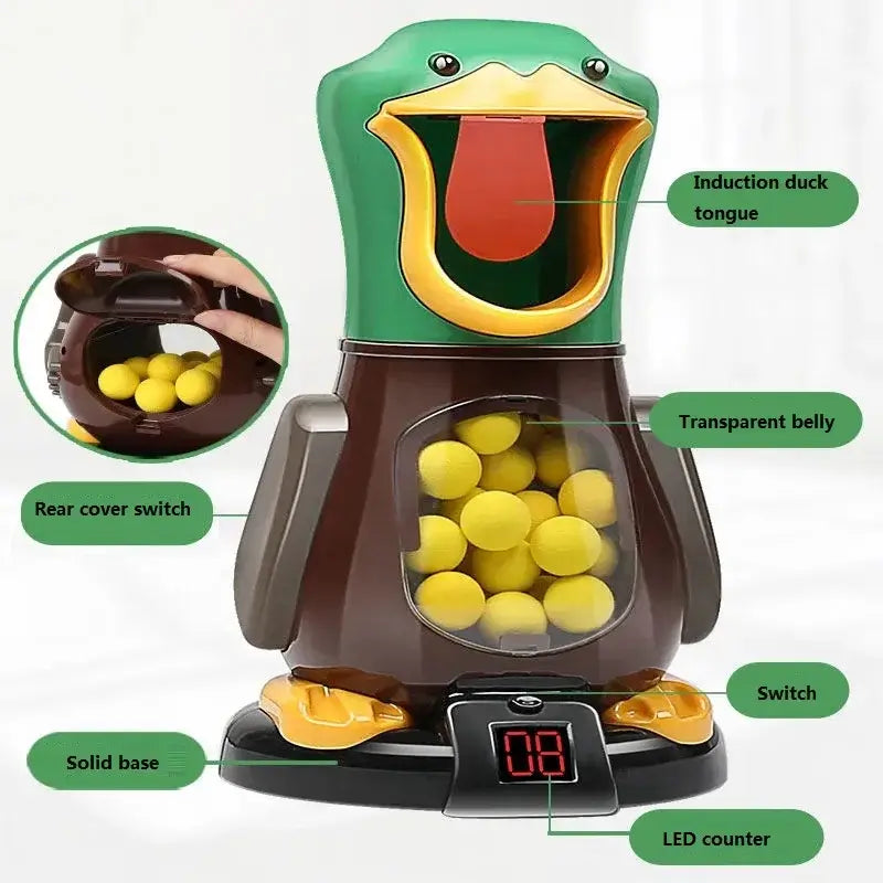 Fun duck toy with induction tongue, transparent belly, LED counter, and solid base for interactive shooting games.