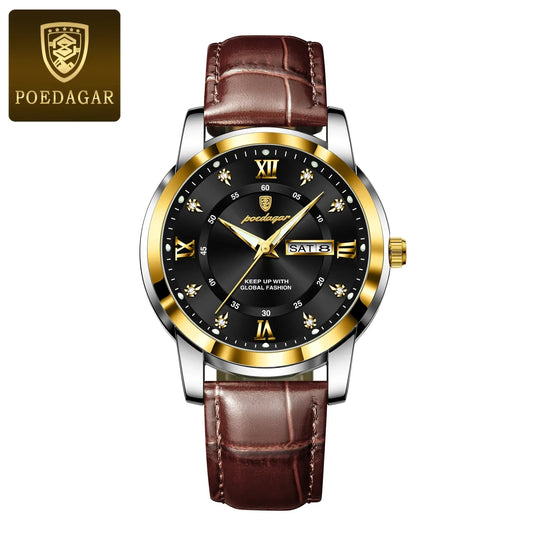 POEDAGAR luxury waterproof men's watch with leather strap and luminous features for men.