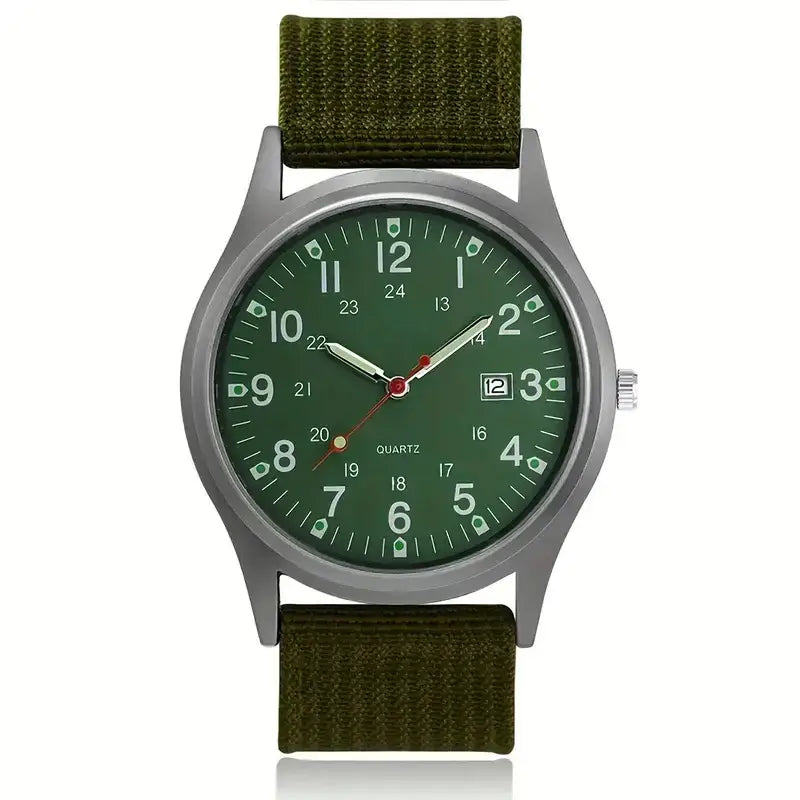Men's quartz watch with green dial and date function, featuring a durable green nylon strap.