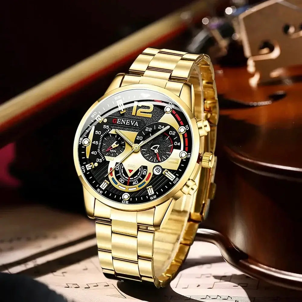 Luxury gold stainless steel men's wristwatch with black dial and chronograph features, set against a musical backdrop.