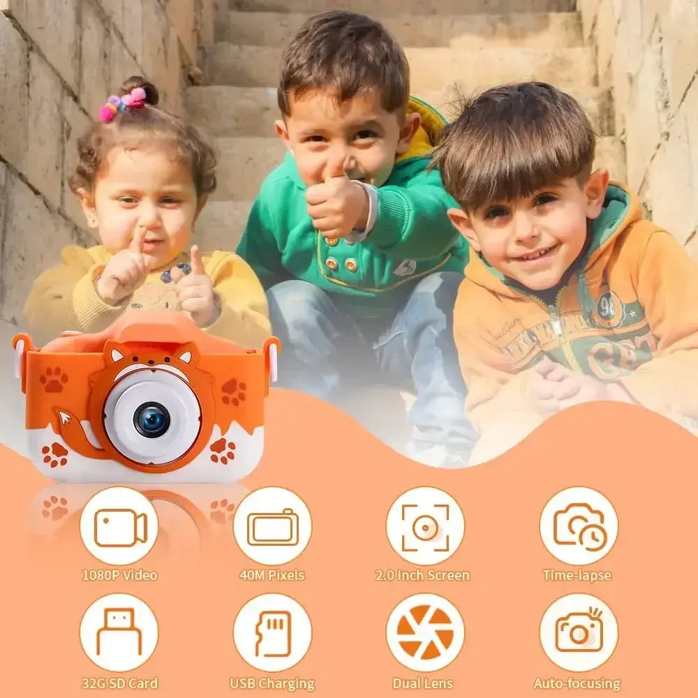 Kids enjoying the HD 1080P digital camera with specifications highlighted, featuring playful design and easy-to-use features.