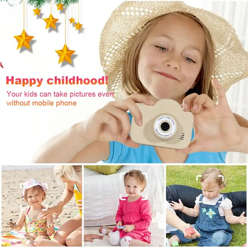 Happy child holding a kids' digital camera, showcasing fun moments and creativity without needing a mobile phone.