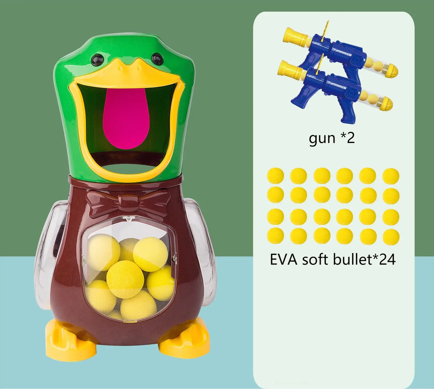 Colorful duck shooting toy set with two air-powered guns and 24 EVA soft bullets for fun family games.