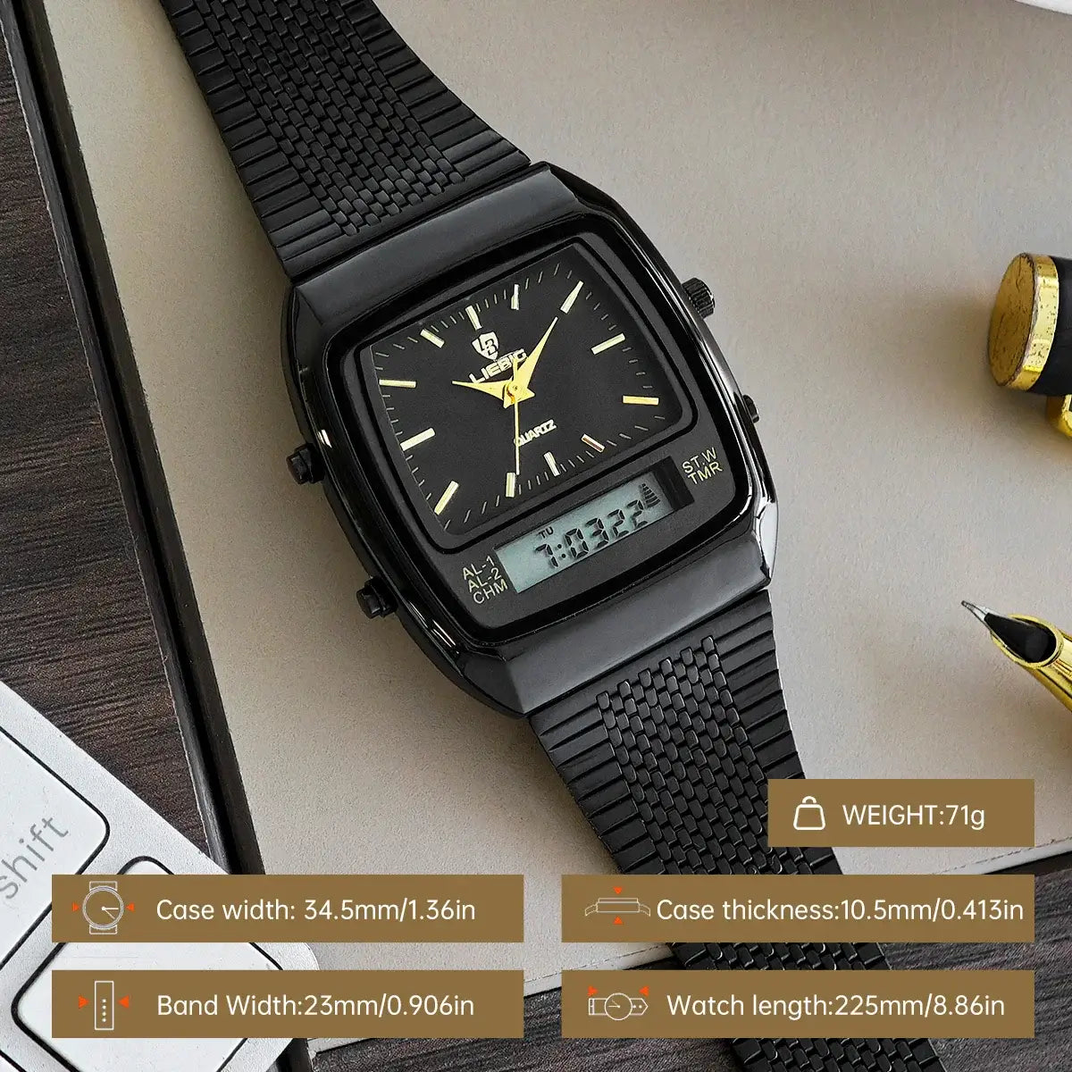 LIEBIG luxury dual display quartz watches for men and women, featuring a black digital wristwatch design and adjustable rubber band.