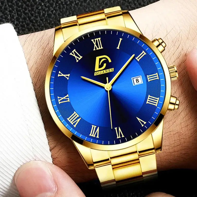 Luxury gold stainless steel watch with blue dial and Roman numerals, featuring quartz movement and complete calendar on wrist.