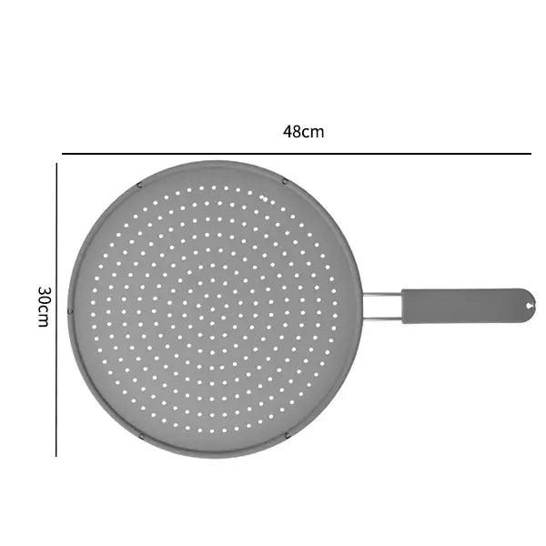 Silicone splatter screen with handle, 48cm x 30cm, heat-resistant oil splash guard for frying pans.