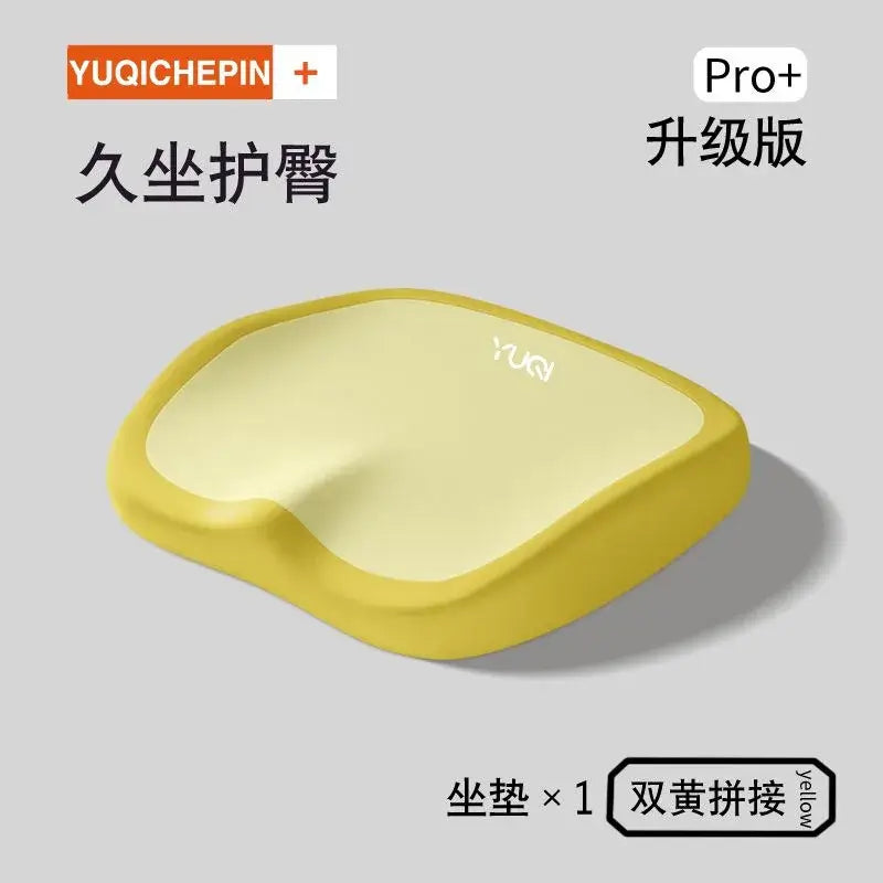 Ergonomic memory foam seat cushion in yellow, designed for comfort and support, perfect for cars, offices, and students.