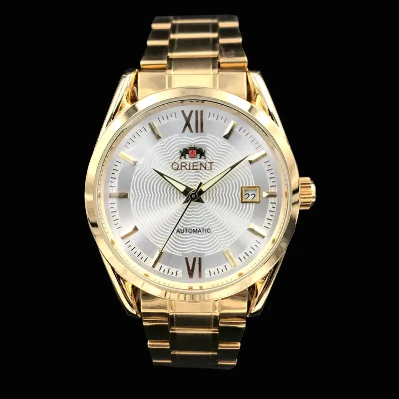 Orient luxury automatic mechanical watch with gold stainless steel band and intricate silver dial, perfect for men.
