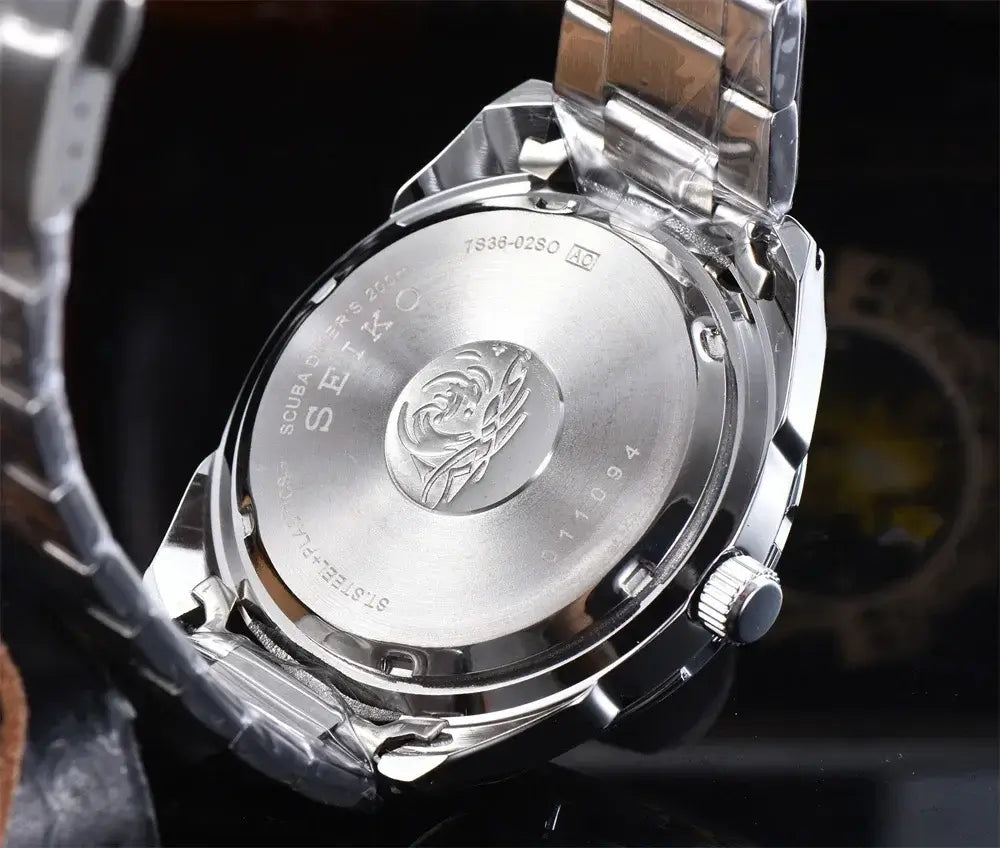 Seiko SRP747J watch caseback showing intricate design and stainless steel construction, ideal for diving and sports enthusiasts.