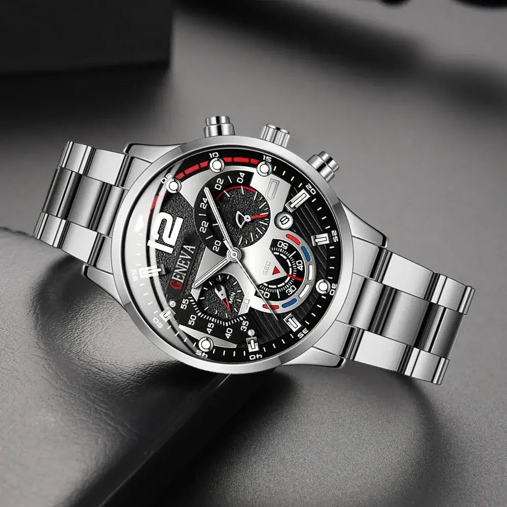 Fashionable men's stainless steel watch with luxury design and calendar feature, perfect for business and casual wear.
