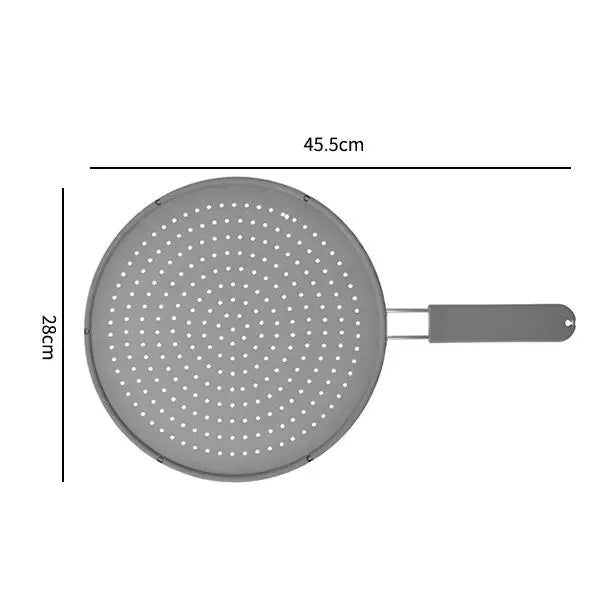 Silicone splatter screen with handle, 45.5cm by 28cm, heat-resisting oil splash guard for frying pans.