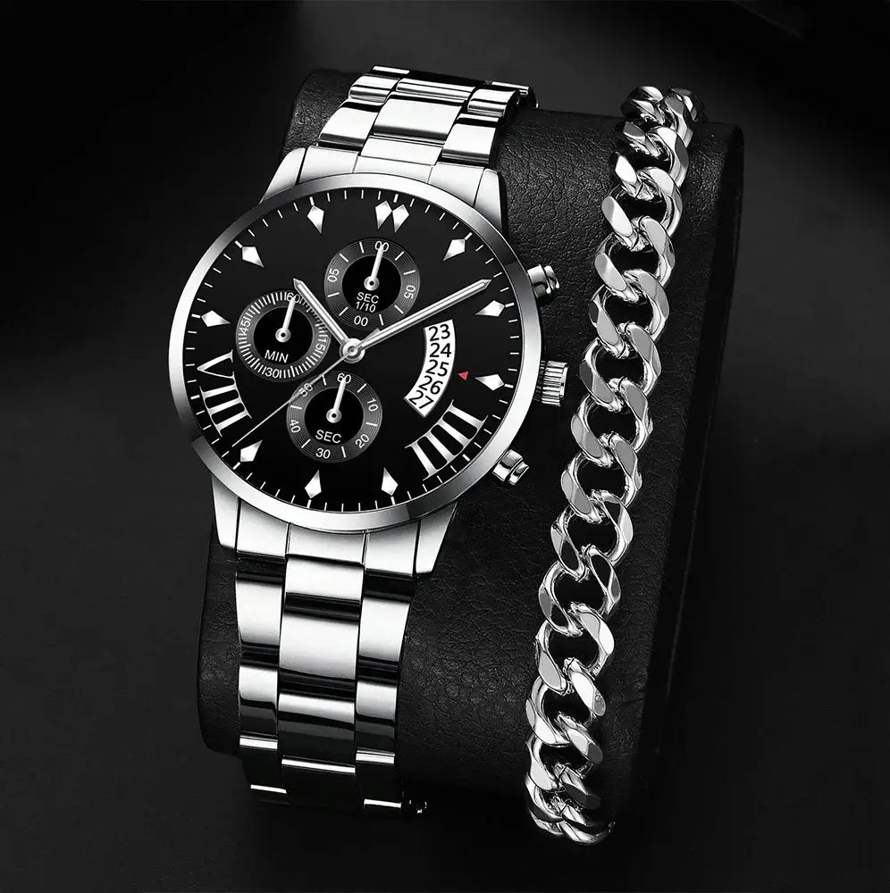 Luxury men's stainless steel watch with black dial and calendar, paired with a stylish silver chain bracelet.