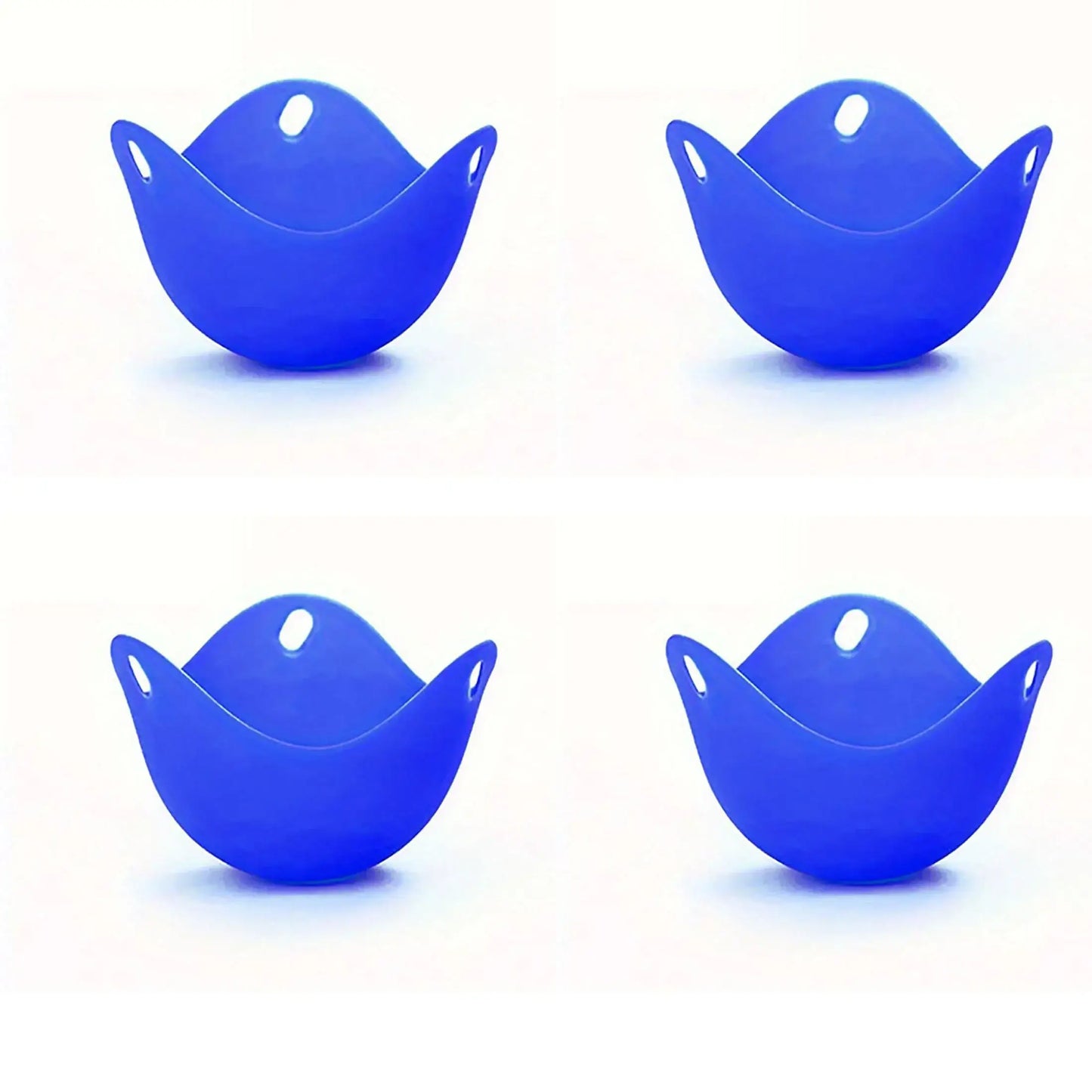 Four blue silicone egg poacher cups for microwave, air fryer, and stovetop cooking.