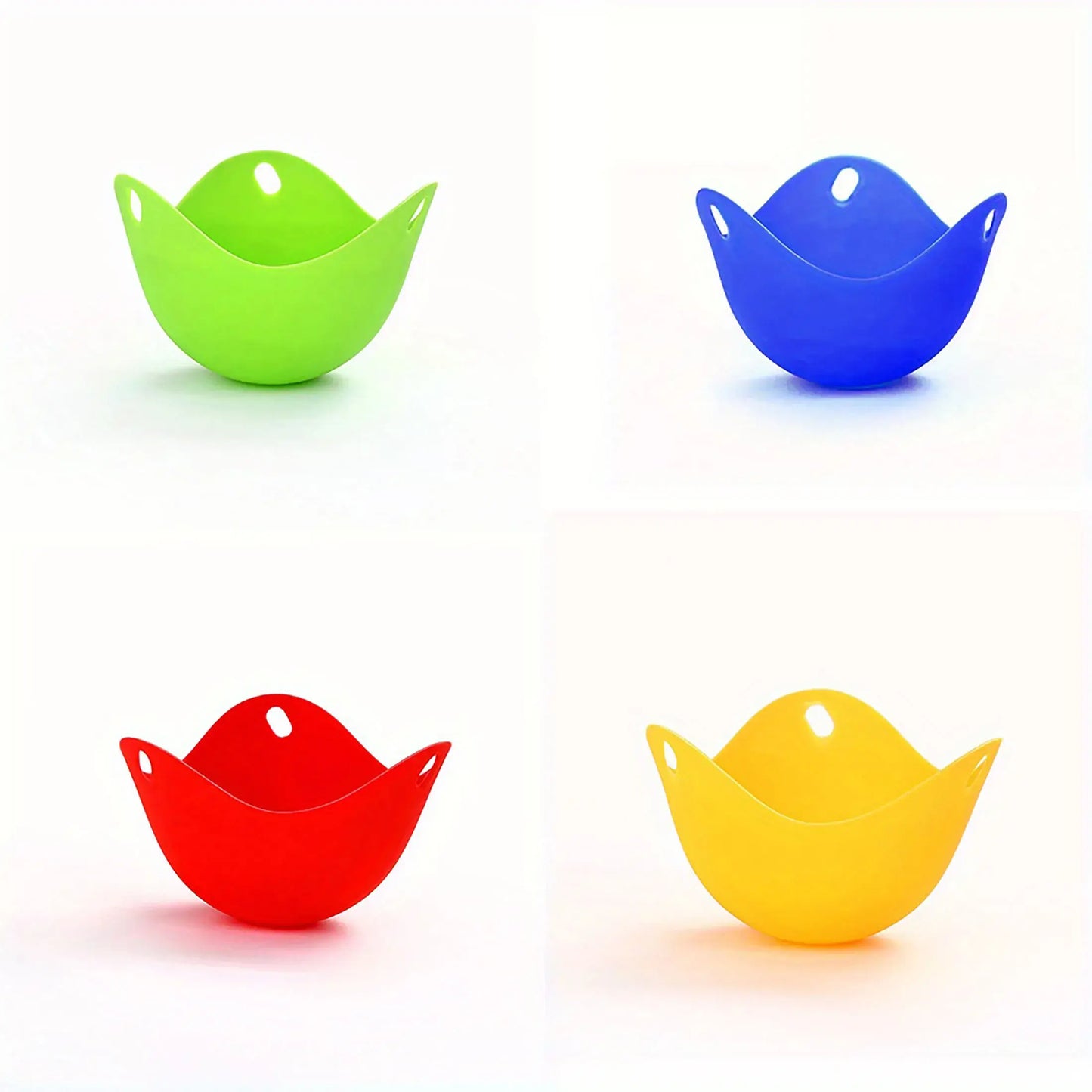 Colorful silicone egg poacher cups set for easy microwave, stovetop, or air fryer cooking.
