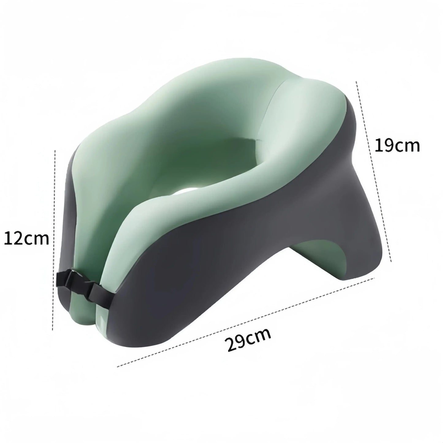 Portable U-shaped memory foam travel pillow dimensions 29cm x 19cm x 12cm in mint green and dark gray design.