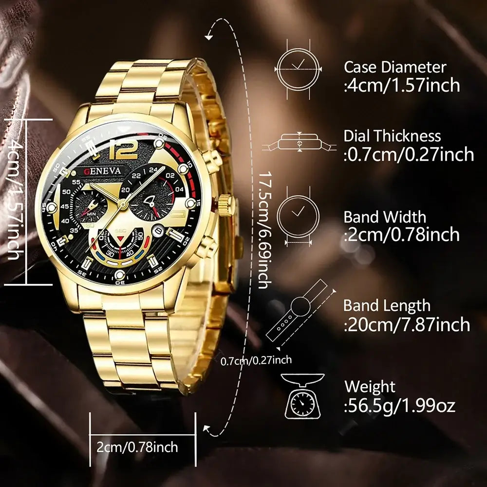 Fashionable men's luxury quartz wristwatch with stainless steel design, detailed specifications, and luminous features.