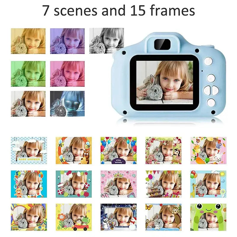 Kids camera toy displaying 7 color scenes and 15 photo frames, featuring a child and a bunny on the screen.