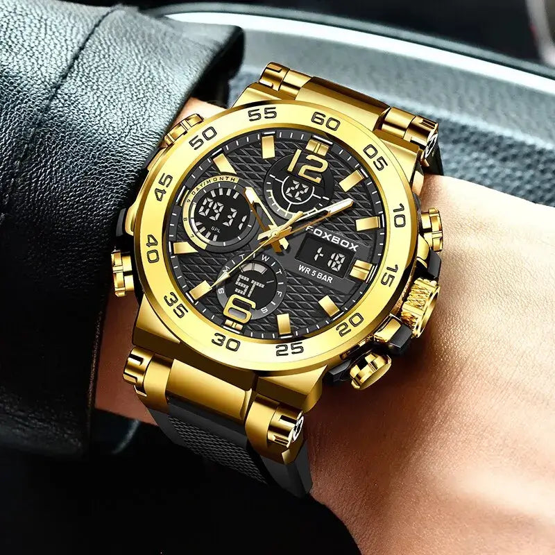 FOXBOX luxury sports watch for men, golden stainless steel chronograph with luminous hands and waterproof feature.