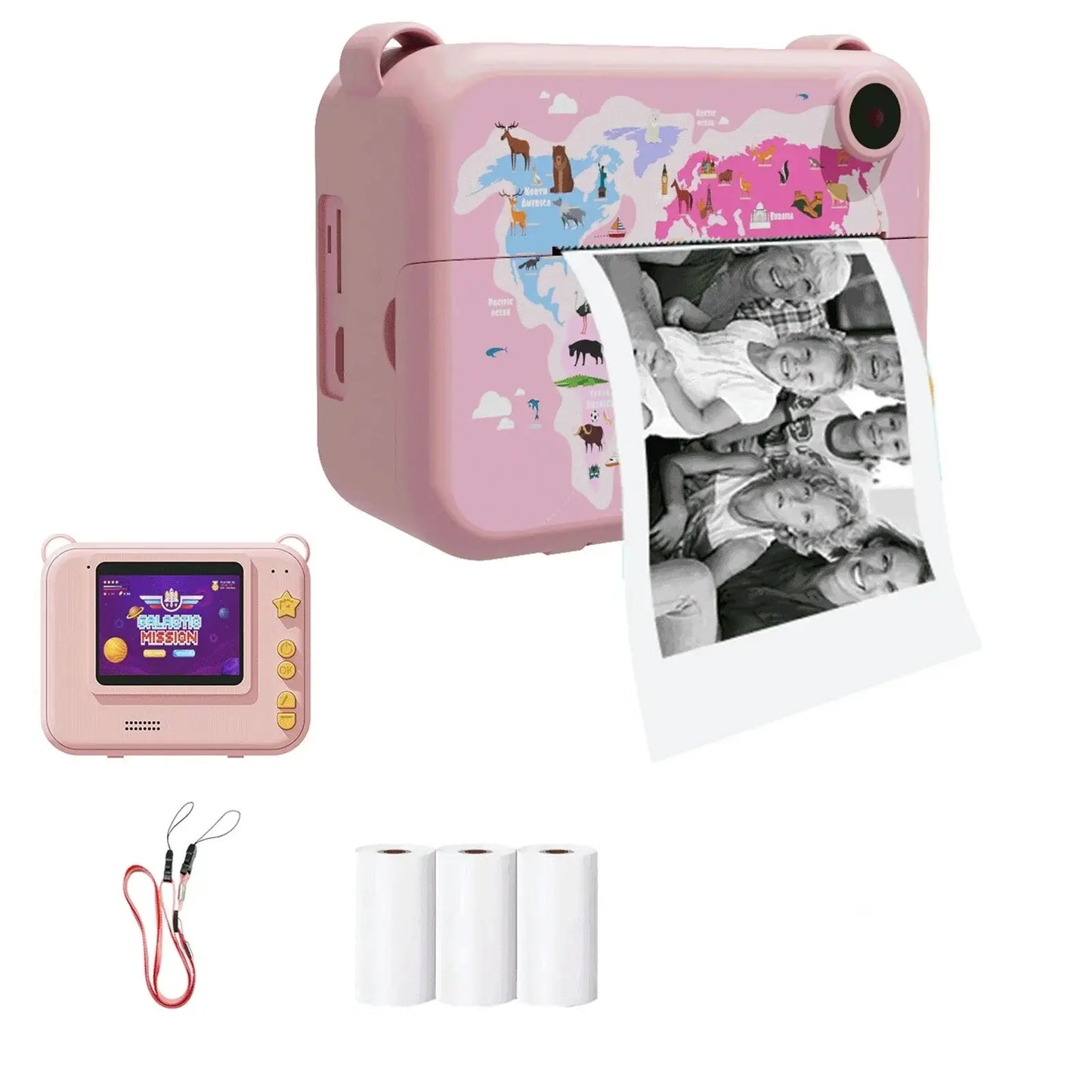 Digital children's camera in pink with mini thermal printer, showcasing printed photo, ideal birthday gift for kids.