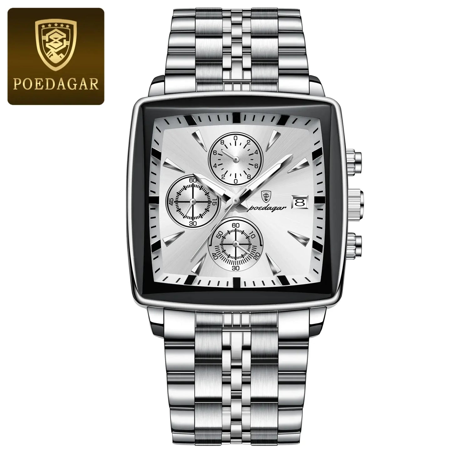 POEDAGAR luxury square chronograph wristwatch with stainless steel band and luminous features, waterproof design, men's fashion accessory.