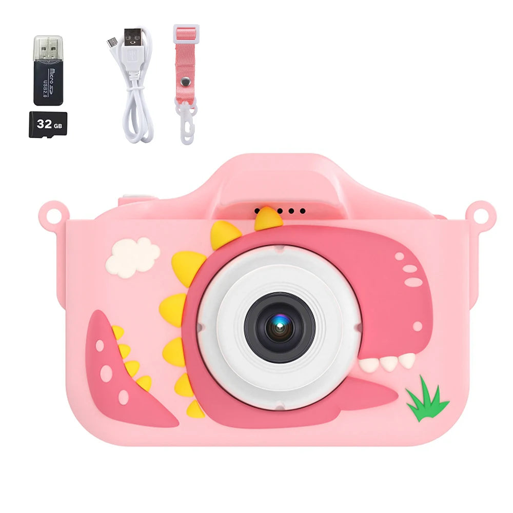 Kid-friendly pink dinosaur camera with 32GB SD card and accessories for capturing fun moments in 1080P HD.