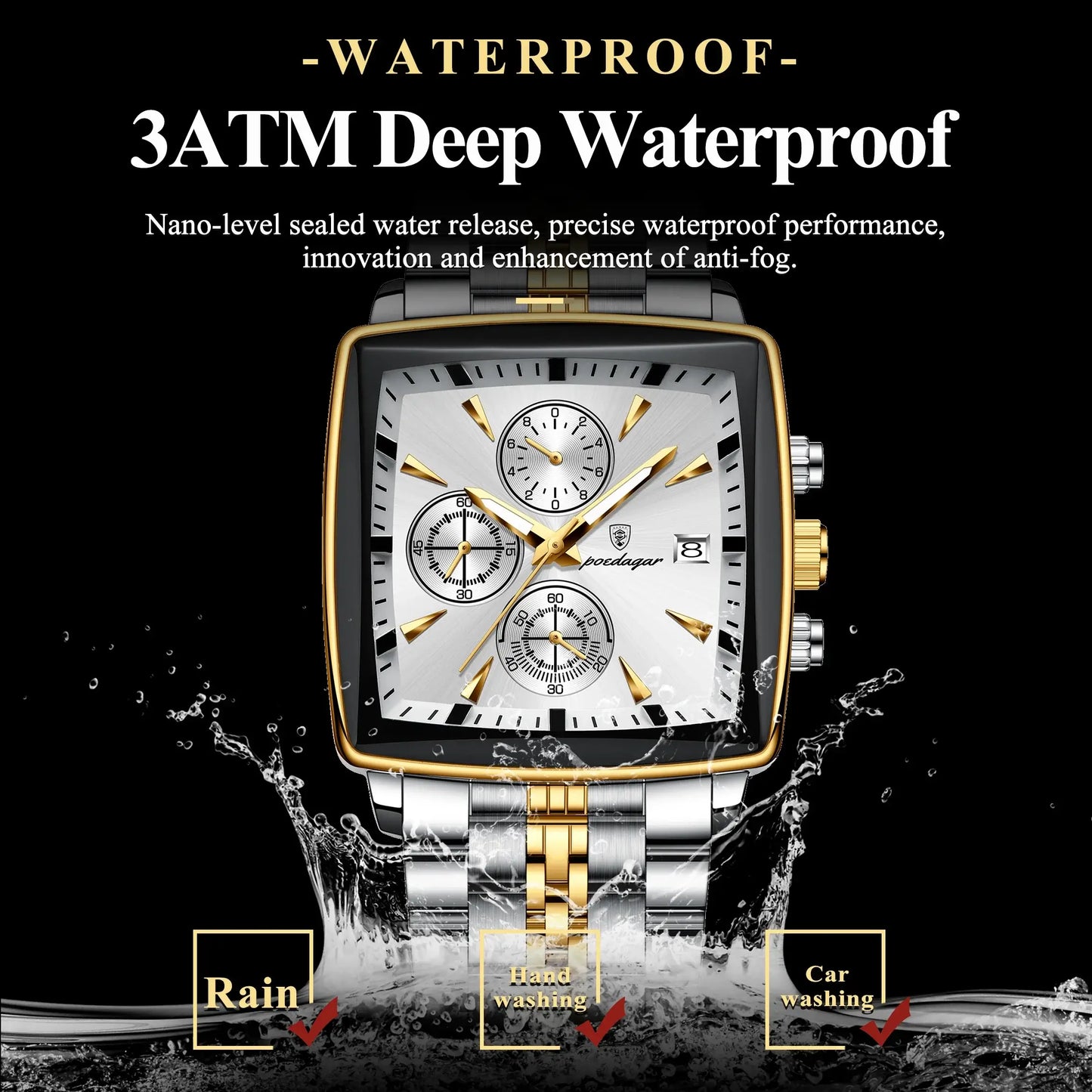 Luxury square sport wristwatch featuring 3ATM waterproof technology, ideal for rain, hand washing, and car washing.