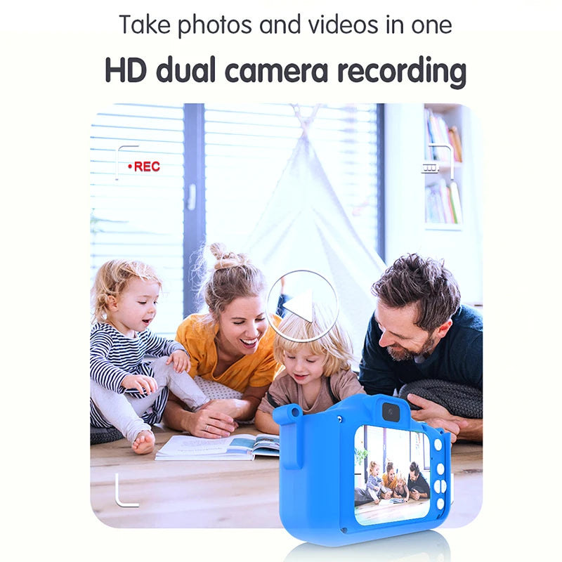 Kids enjoying photography with a blue toy camera featuring HD dual camera recording for fun and creativity.