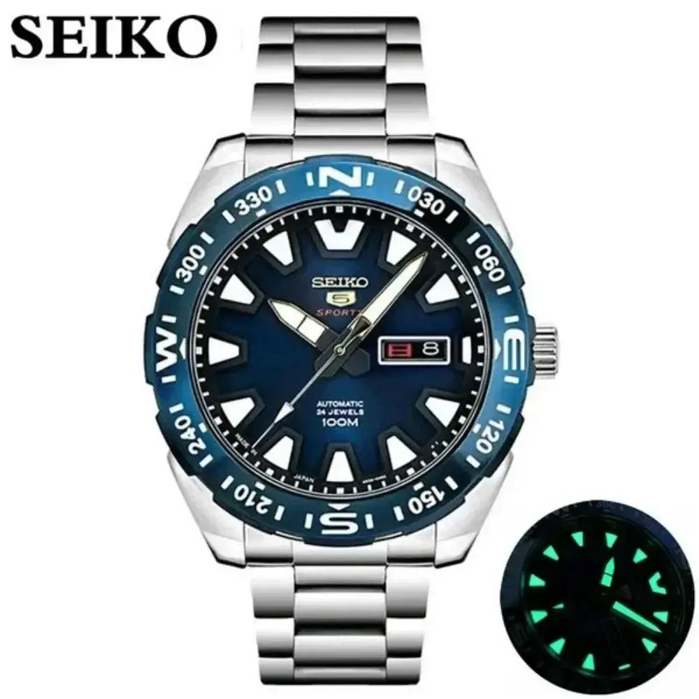 Seiko SRP747J men's automatic quartz dive watch with luminous features, stainless steel band, 100M water resistance.