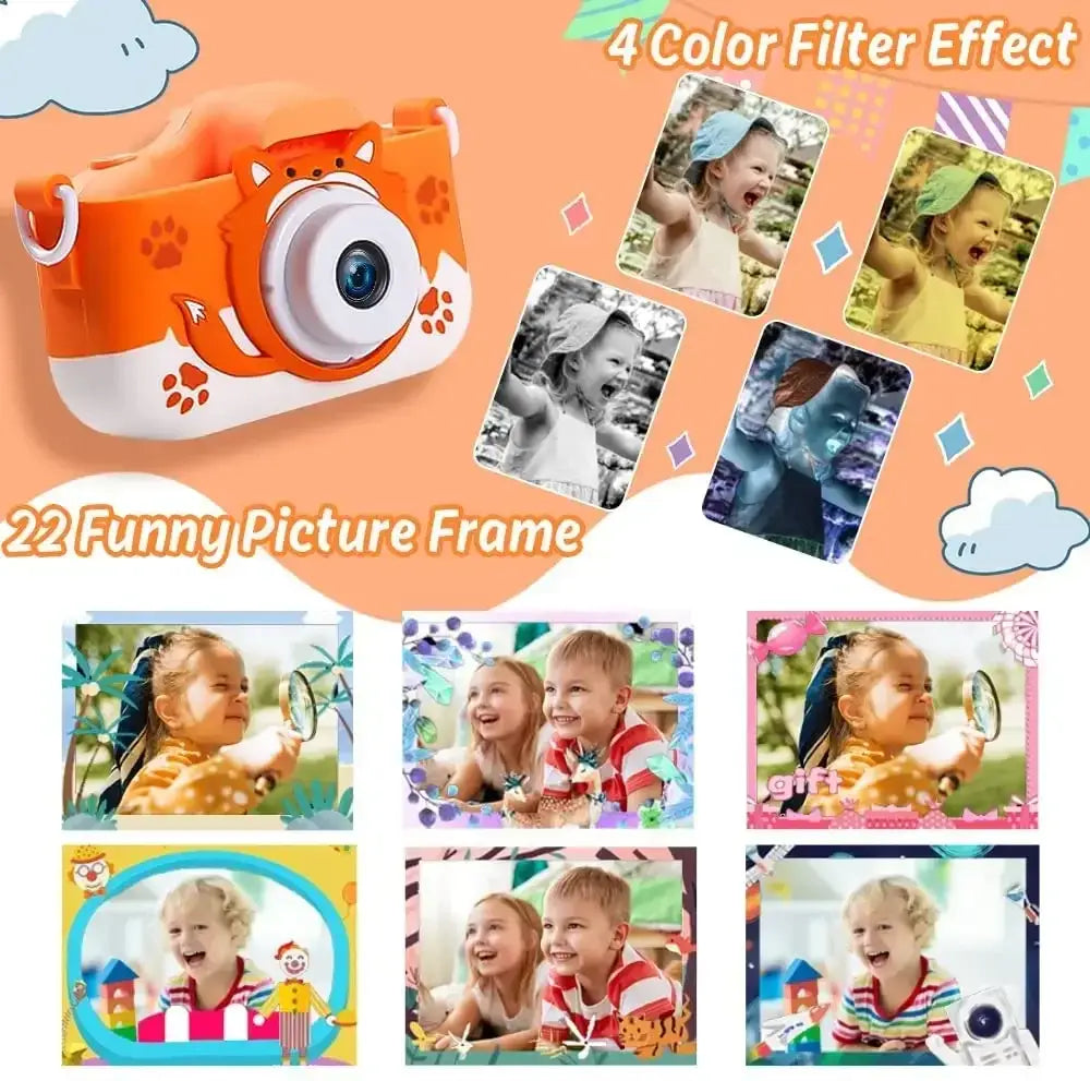 HD 1080P kids digital camera with fun filters and frames, designed for children, showcasing colorful photo effects.