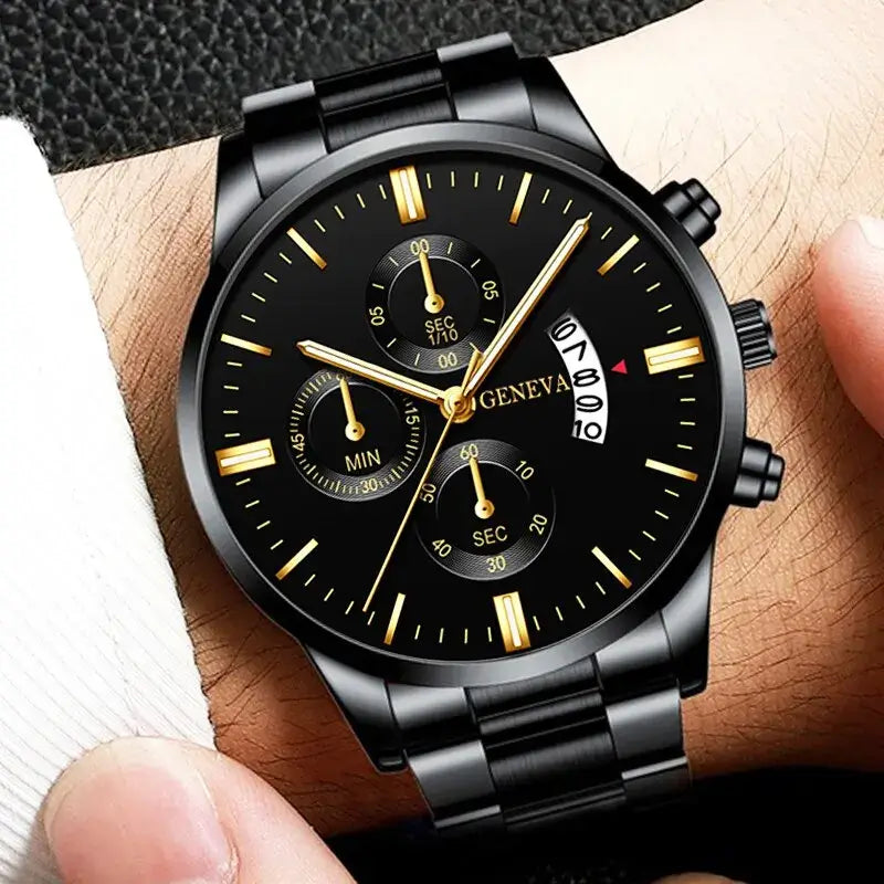 Luxury men's black stainless steel quartz watch with complete calendar and chronograph features on a wrist.