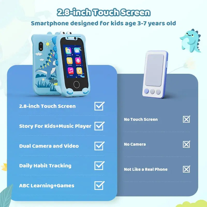Kids smartphone toy with 2.8-inch touch screen, features for learning, music, and habit tracking for ages 3-7.