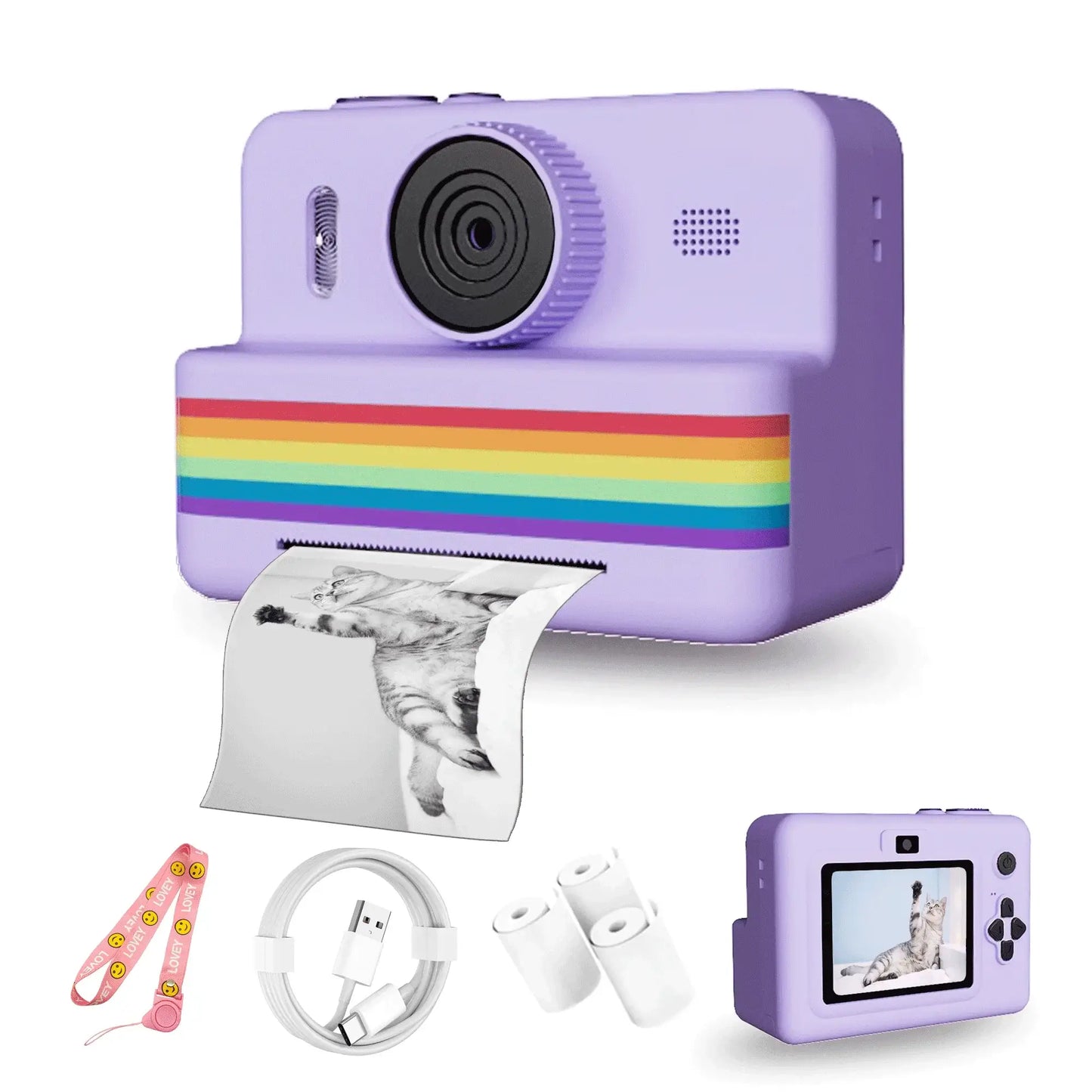 2.8-inch instant print camera in purple, featuring a rainbow design, printing photos and including accessories like a USB and straps.