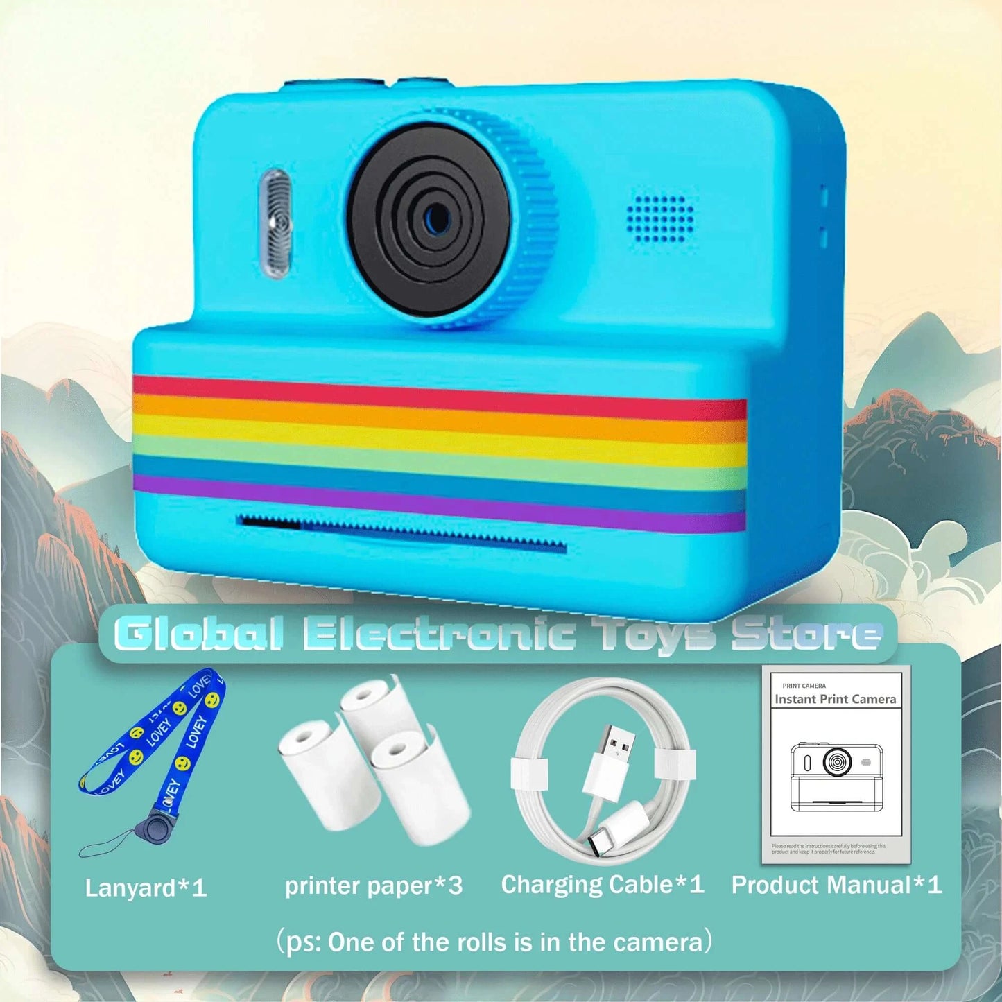 2.8 inch instant print camera in blue with rainbow design, includes accessories like lanyard, printer paper, and charging cable.