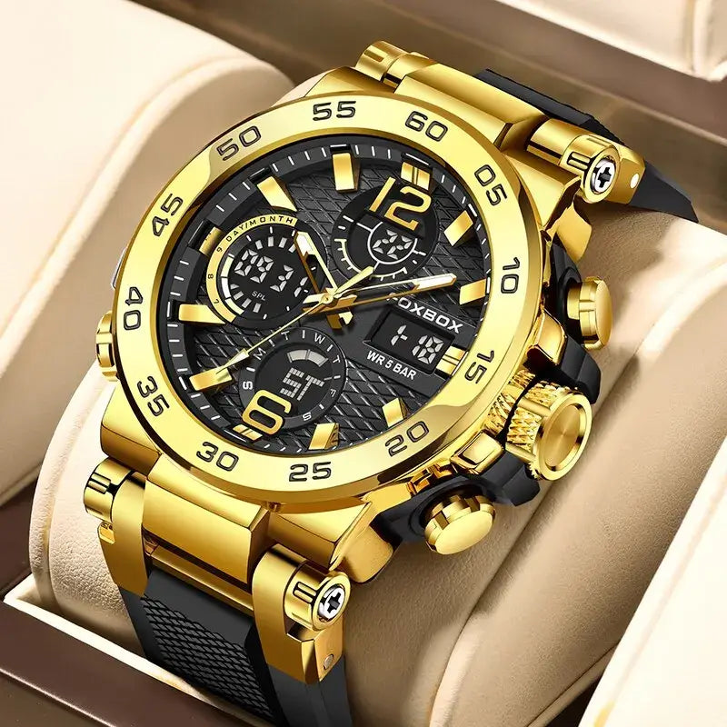 FOXBOX luxury diver watch for men with gold stainless steel case, black dial, and chronograph features, water-resistant up to 5BAR.