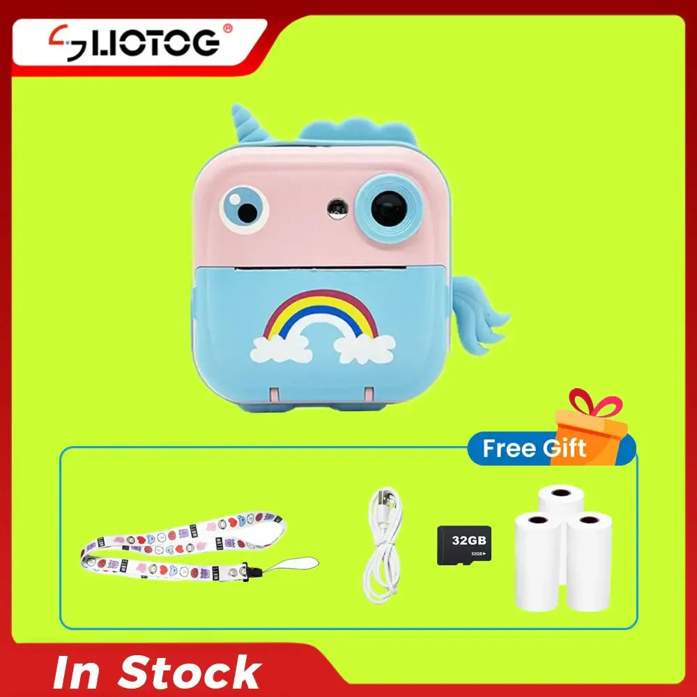 Cute children digital camera with unicorn design, includes free 32GB memory card, lanyard, USB cable, and print paper.