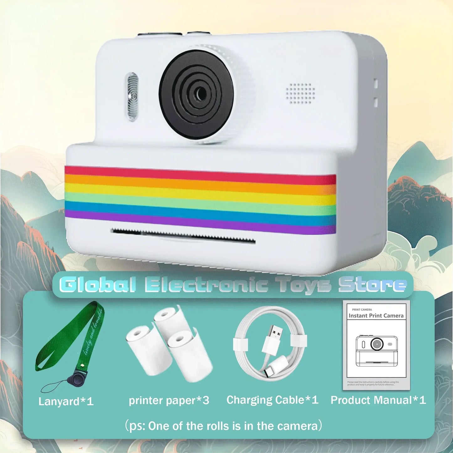 2.8-inch instant print camera for kids featuring HD video, zero ink portability, and accessories like lanyard and printer paper.