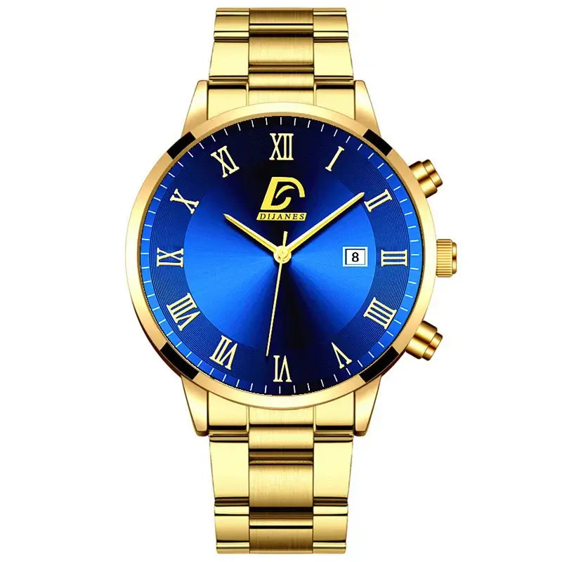 Fashionable gold stainless steel watch with blue dial and date feature, perfect for business and casual wear.