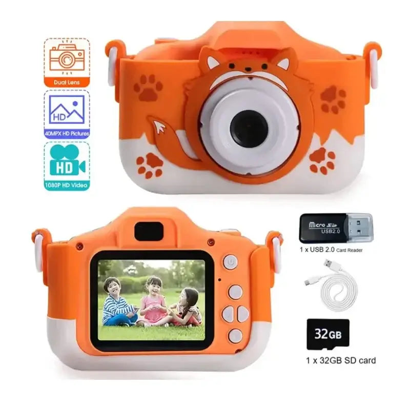 HD 1080P kids digital camera in orange with dual lens, 32GB SD card, and child-friendly design for photography fun.