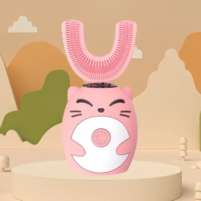 Kids U-shaped Sonic Electric Toothbrush in pink cat design for fun teeth brushing, made from food-grade silicone.