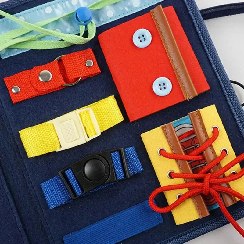 Montessori toy for fine motor skills and self-care training, colorful fasteners and activities for preschool children.