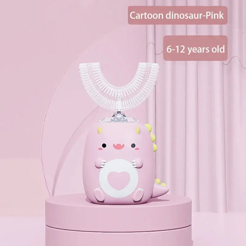 Kids U-shaped pink dinosaur electric toothbrush for ages 6-12, featuring soft silicone and cute design.