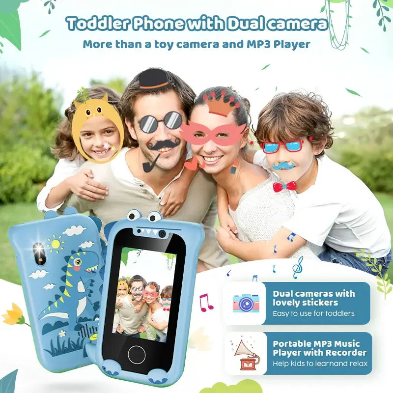 Toddler phone with dual camera and MP3 player, featuring kids playing with fun stickers and accessories outdoors.
