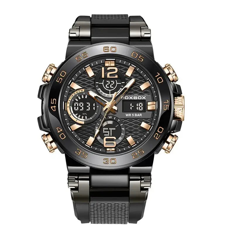 FOXBOX luxury men's chronograph watch with luminous hands, stainless steel case, and 5BAR water resistance.